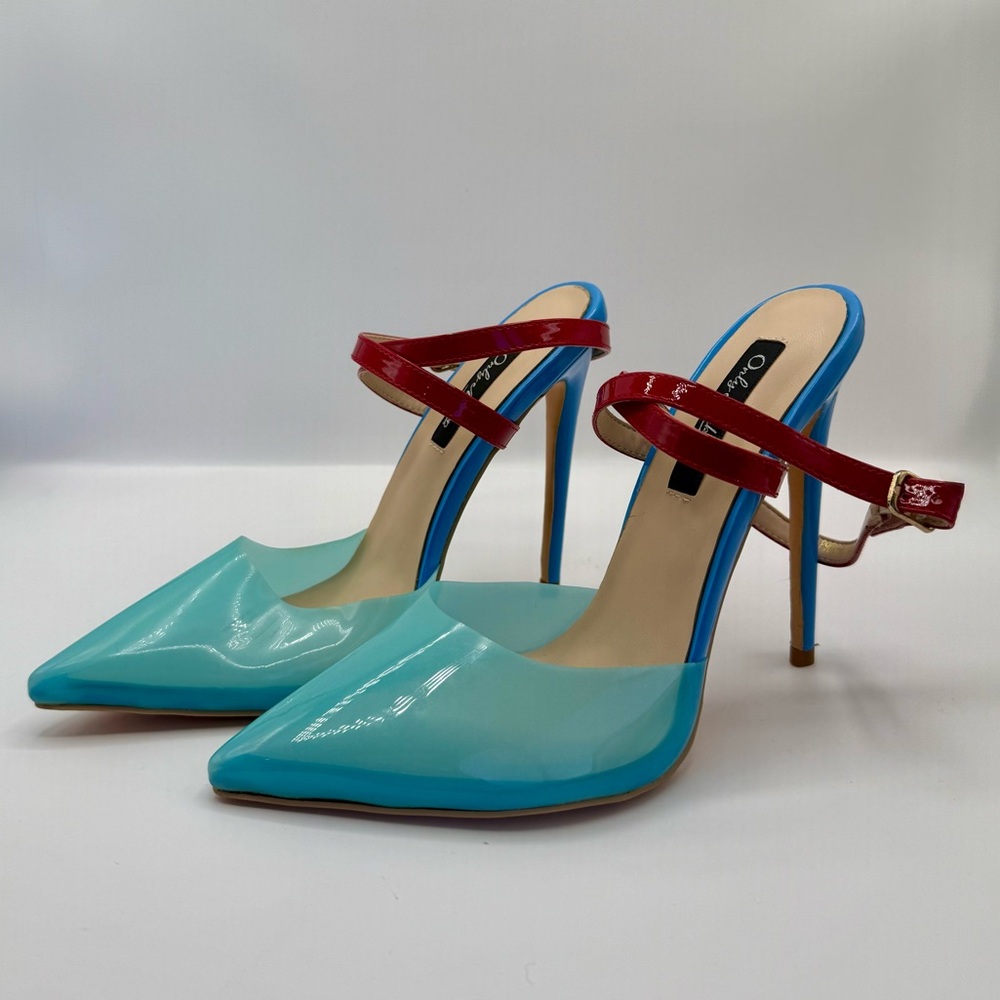 Onlymaker Blue/Red Pointed Toe Slingback High Heels Cross Strap Pumps Size 38